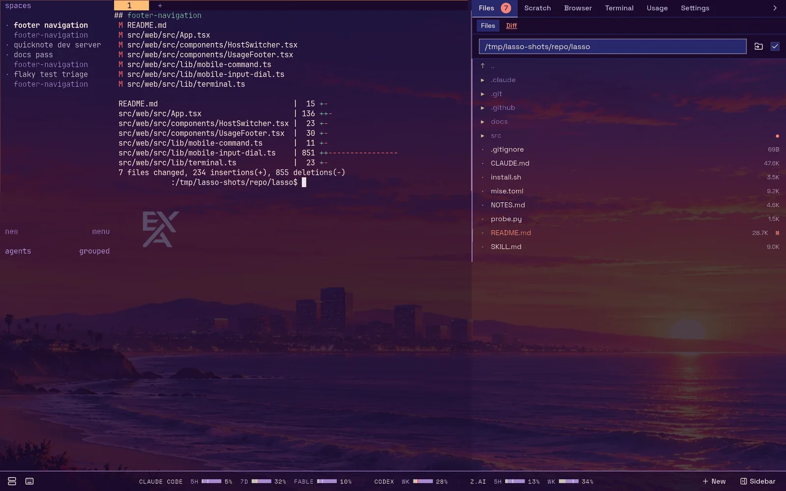 lasso on a desktop: the herdr terminal in the middle with a git diff summary, workspaces on the left, the Files browser on the right, and each provider's usage budget along the bottom