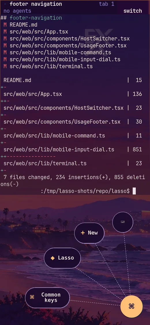 lasso on a phone: the same workspace with the radial input dial open over the terminal