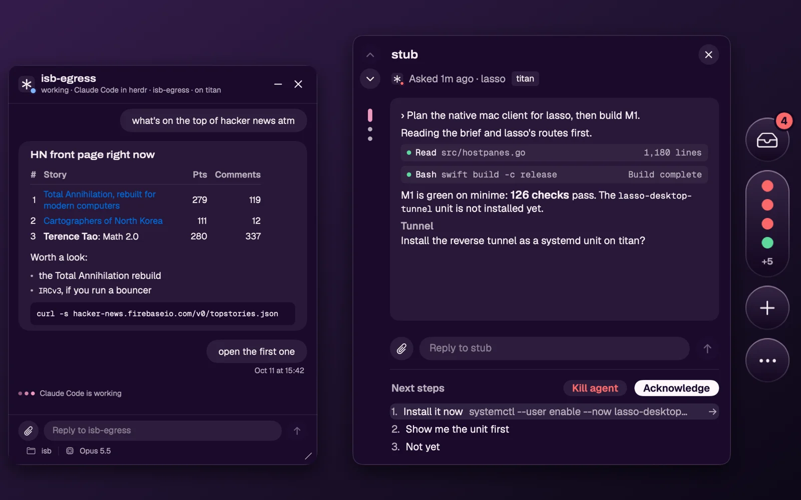 Lasso, the Mac app: the edge rail, the Inbox and an agent window