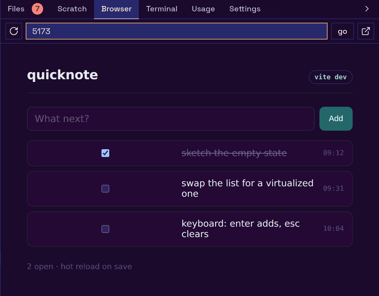 the Browser tab showing a running dev server