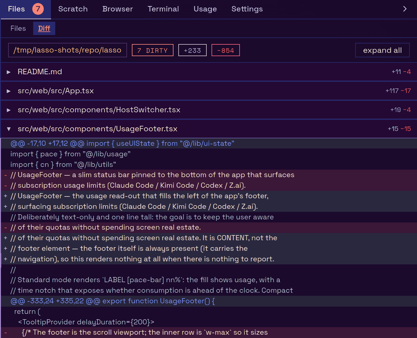 the Diff pane showing a working tree: seven dirty files, one expanded to its hunks