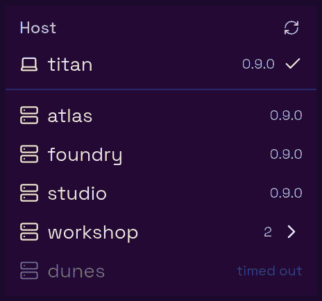 the host menu listing the fleet, one host marked timed out