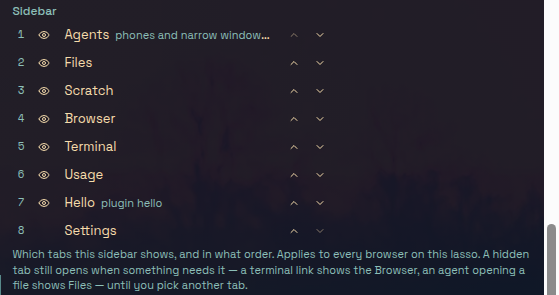 Settings' Sidebar section: every tab with a visibility toggle and up/down arrows, the hello plugin's tab among them; Settings has no toggle